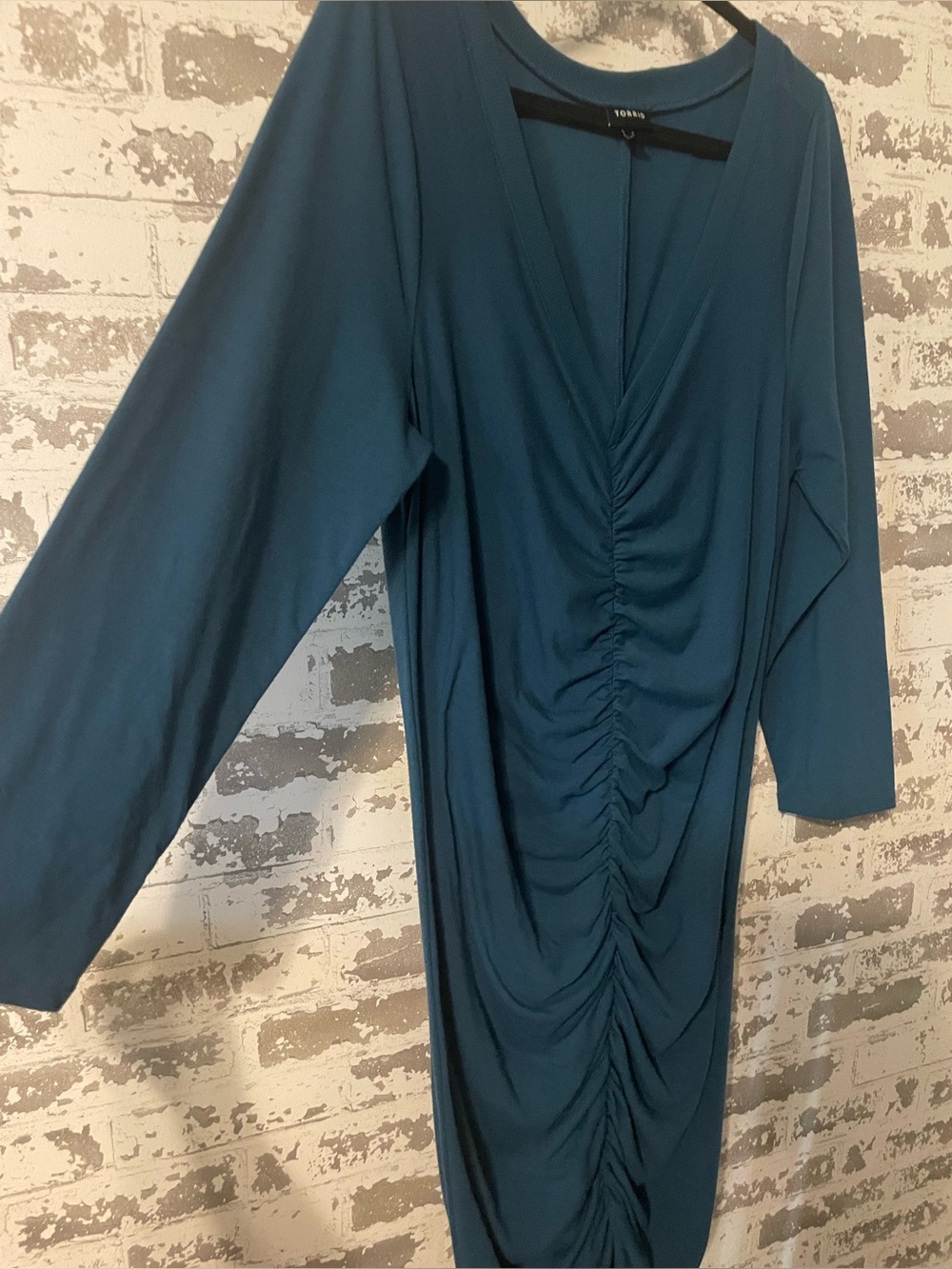 Torrid Teal Ruched Bodycon Dress Size 1 Deep V Neck Long Sleeve Stretch Midi - Picture 4 of 8